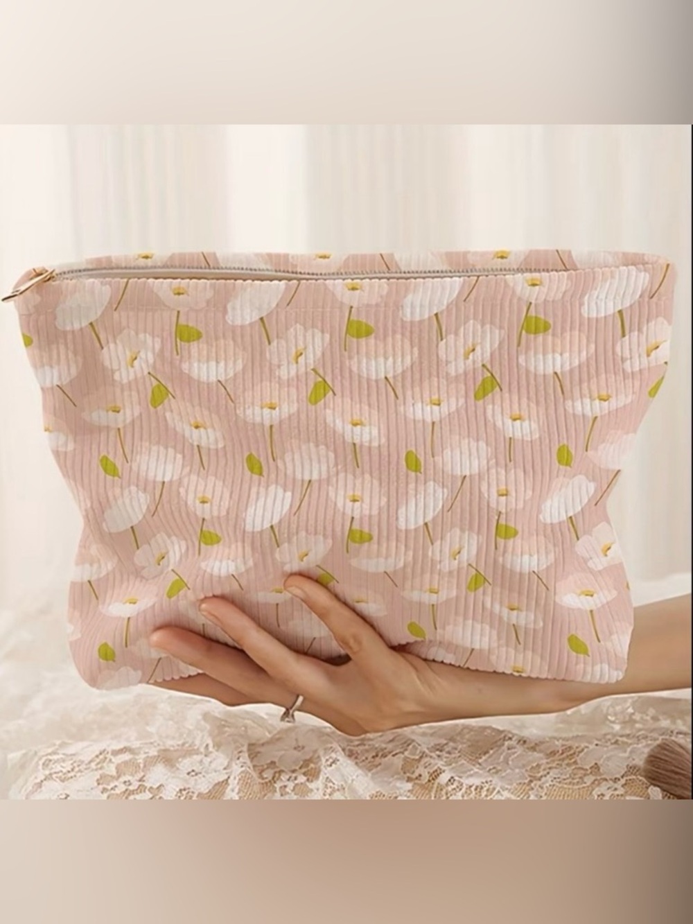 NEW Floral Corduroy Makeup Bag Pink Cosmetic Travel Pouch Zipper Toiletry Case